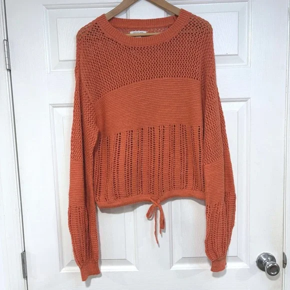 Women S Open Knit Sweater Coral Orange Crop Balloon Sleeve‎ Boxy American Eagle - Picture 2 of 8